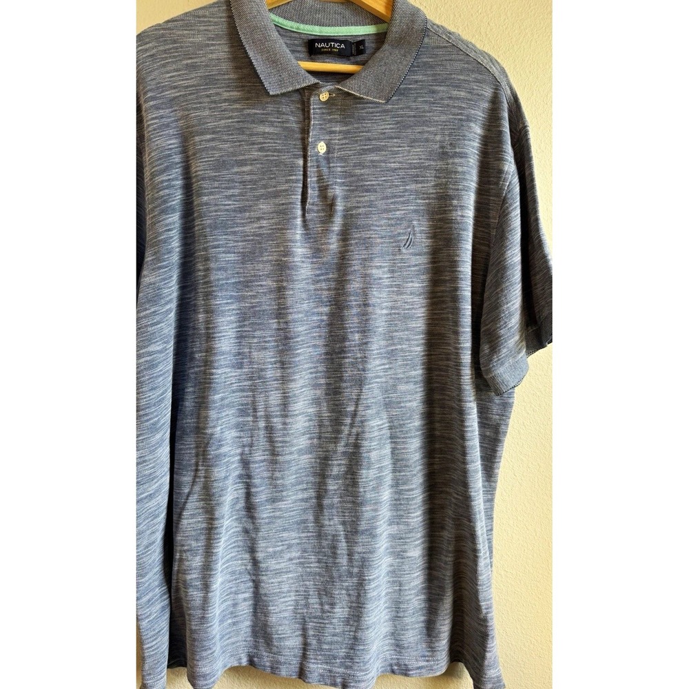 Nautica Men's Polo Shirt XL Blue Heathered Short Sleeve Knit Button Logo Cotton
